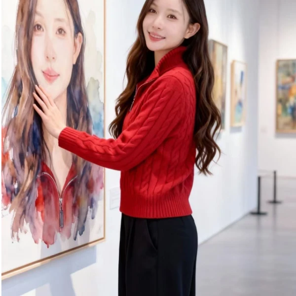 【麻花拉链】诗芬霓拉链翻领含羊毛圆领修身女士针织套头衫毛衣