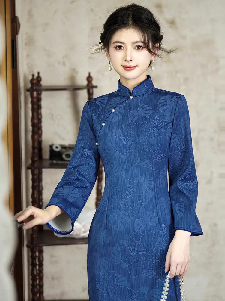〖蓝色TMY〗改良年轻款冬季长袖新中式日常2025中国风苏州旗袍