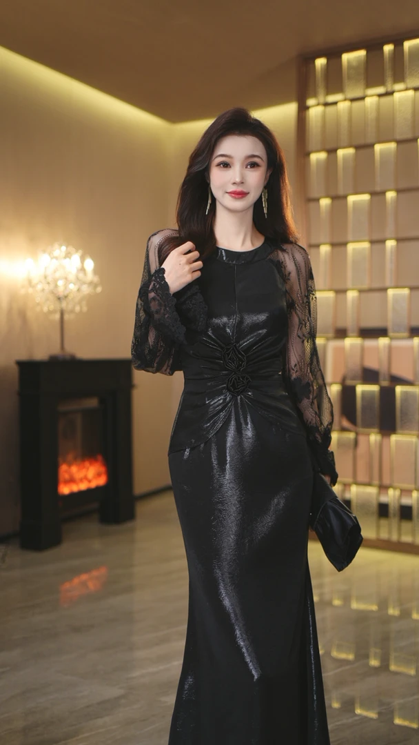 罗曼湾湾 黑色长长袖小众设计感配送拼接收腰中长款连衣裙