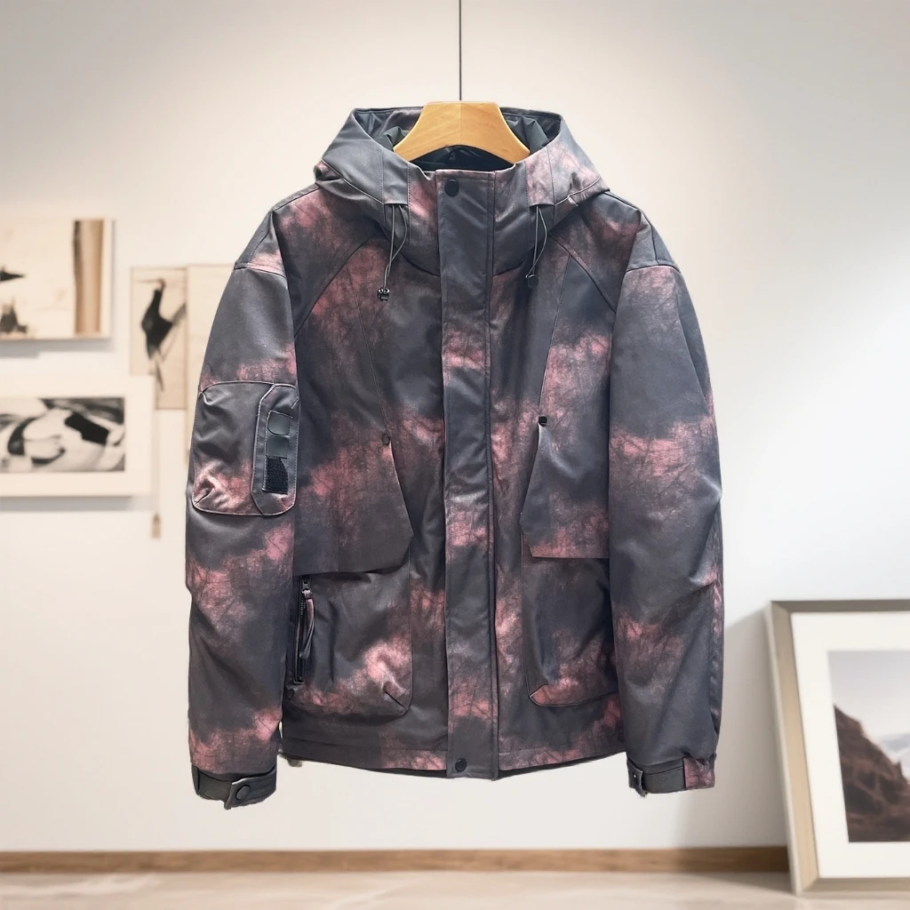 冬季男士简约轻薄连帽羽绒服保暖鸭绒扎染休闲外套宽松百搭上衣