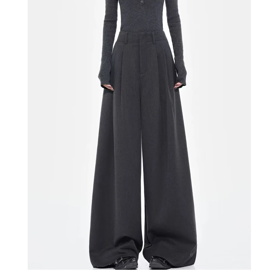 春秋新款灰色百搭阔腿裤女褶皱宽松女褶皱宽松垂感西装裤