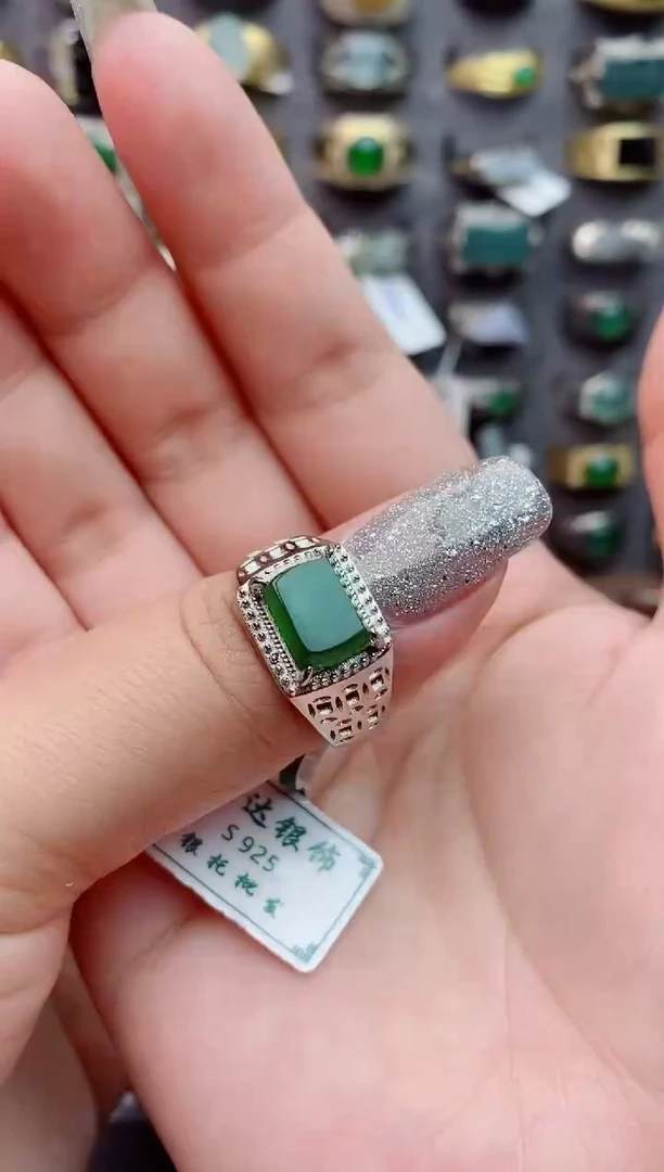 银S925镶嵌戒指翡翠彬**彬天然 翡翠男戒