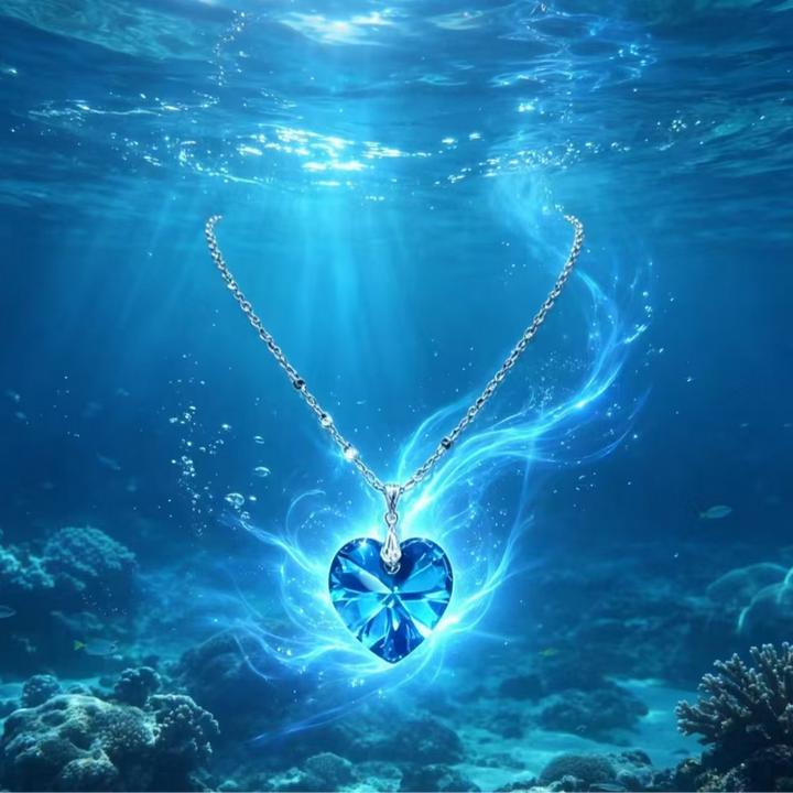 链子足银锆石 蓝色海洋心项链