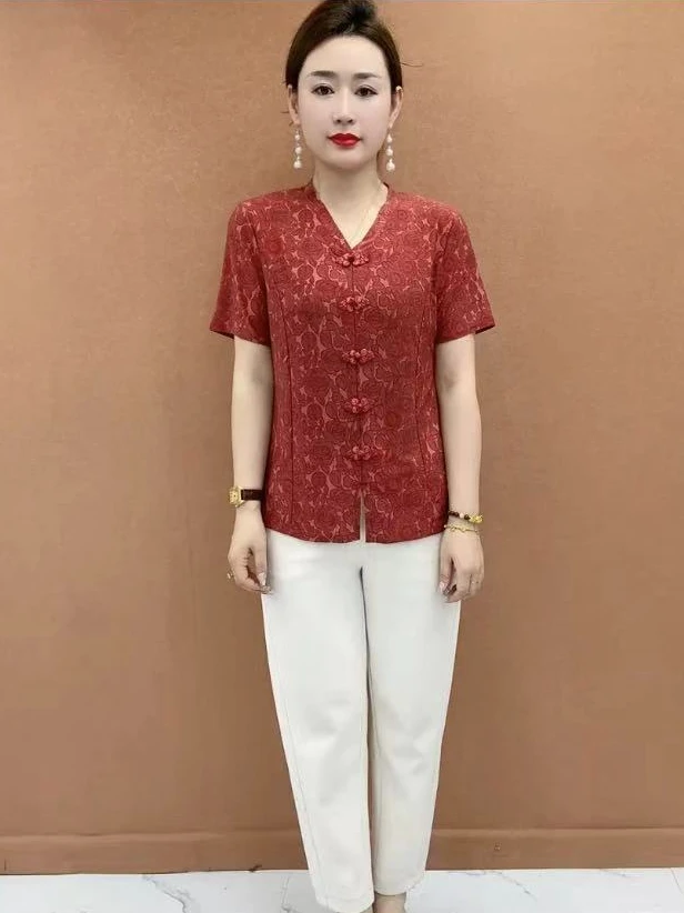 夏季新款短袖显瘦遮肚女装气质妈妈装弹力上衣新中式提花小衫国风