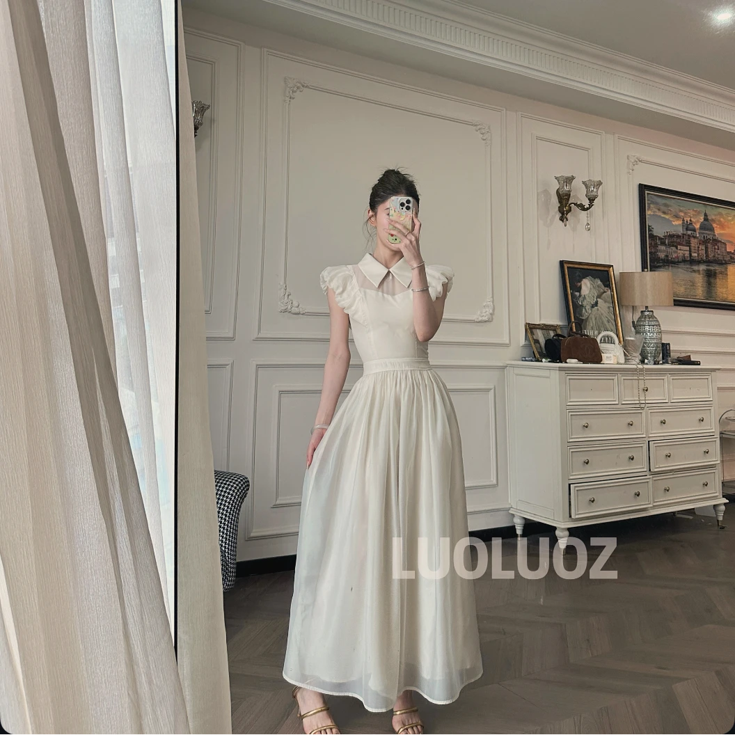 【现货】LUOLUOZ【共枕夏风】气质polo领网纱时尚飞袖长款连衣裙JF806