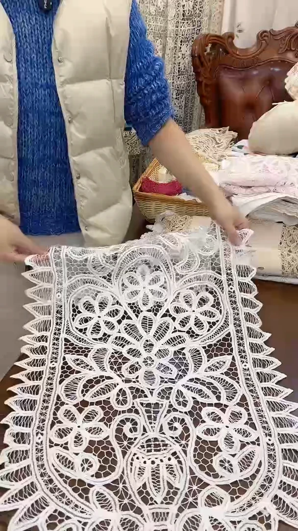 棉Z577白棉质50*90cm手工满工百代丽桌旗扶手巾 一对