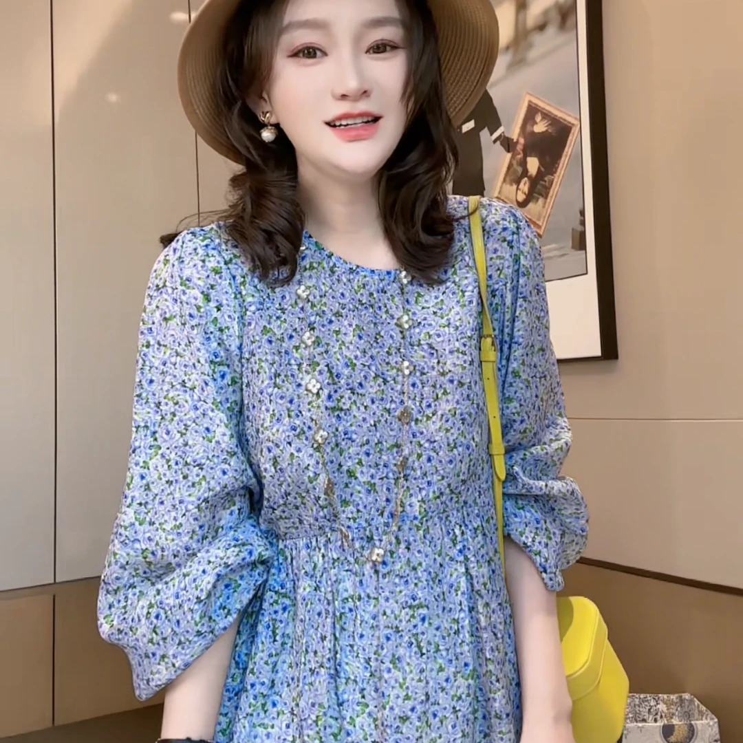 【丝芙玉禄】（F486）100%真丝双绉创意蓝色碎花桑蚕丝t恤上衣