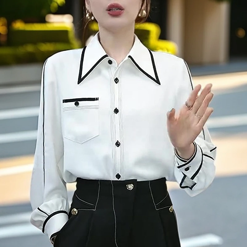 韩系白色翻领职业衬衫女2025春季新款气质通勤高级感穿搭长袖衬衣