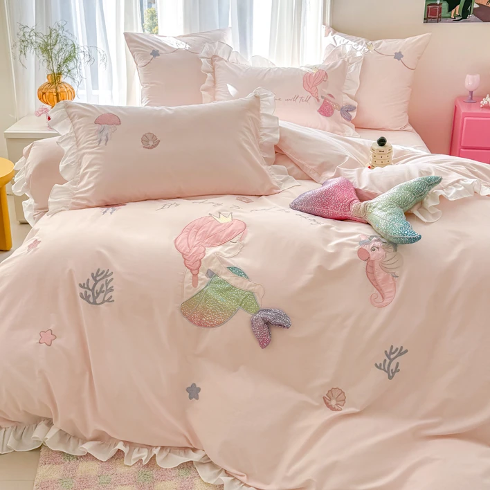可爱公主风全棉水洗棉四件套纯棉粉色被套床单人学生宿舍三件套34