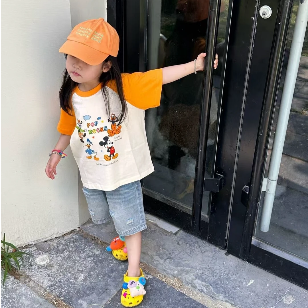 壹妈童装女童套装夏季新款洋气儿童拼色短袖卡通t恤上衣牛仔裤