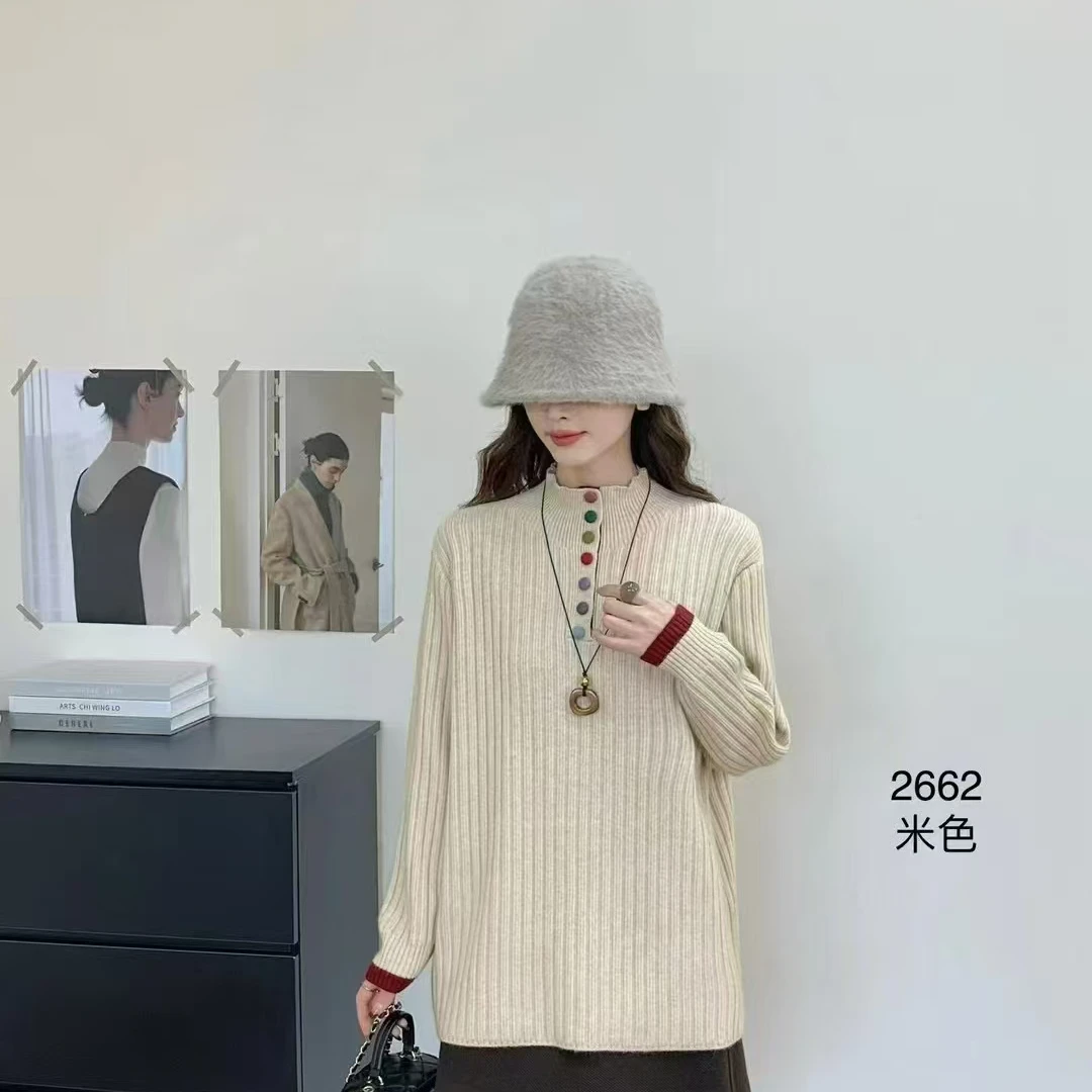 【瑞丽家】褶皱厚款纯色毛针织衫百搭米色高领毛网红时尚宽松秋冬