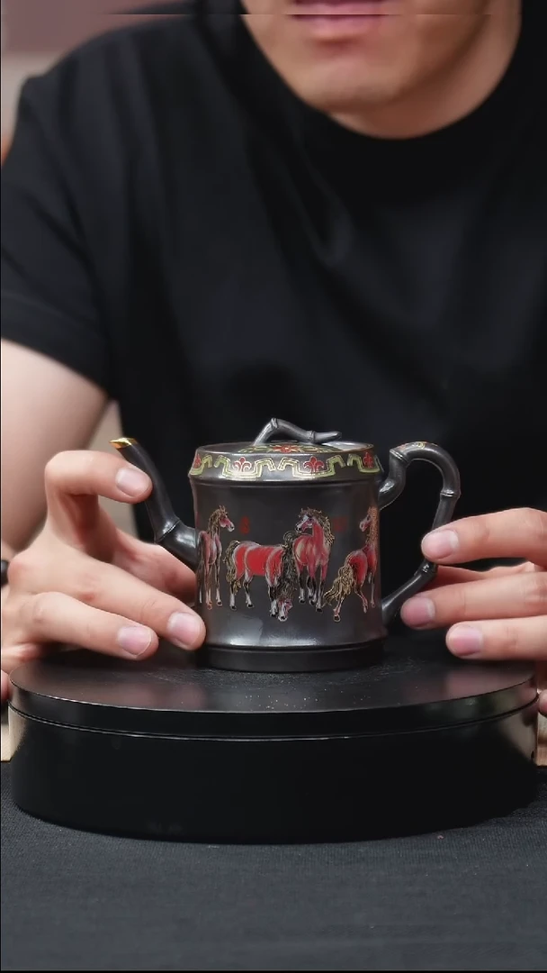 茶壶紫砂景州黑料贴绘花器竹韵
