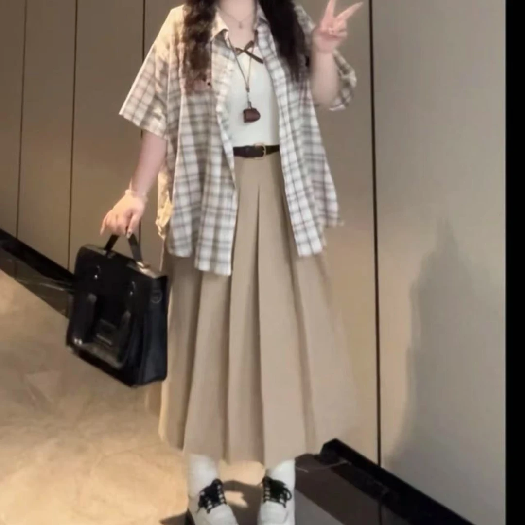 清纯减龄休闲风法式工装风时尚套装韩版衬衫短袖宽松格子套装