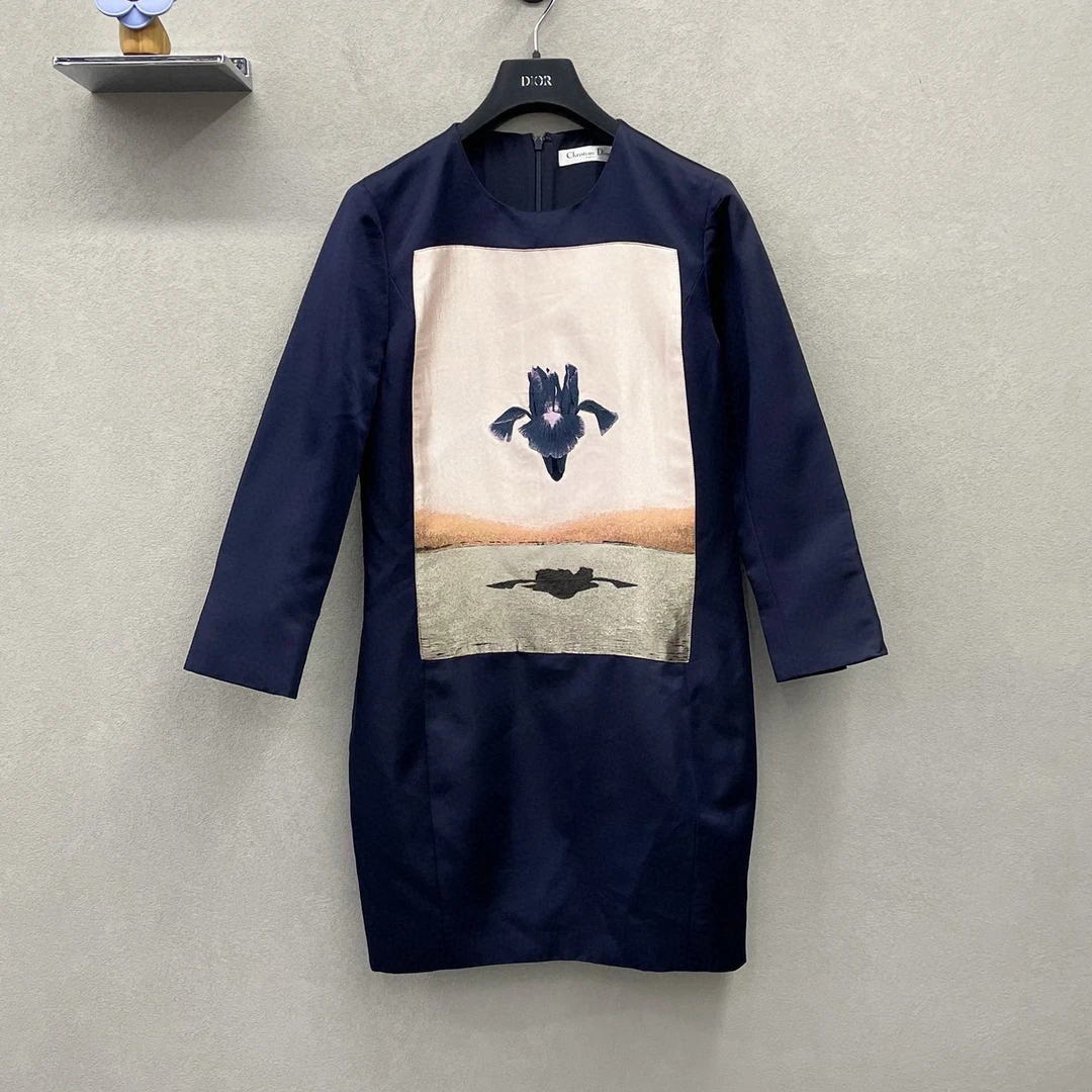 99新 DIOR/迪奥 深蓝色印花连衣裙/尺码F38/000