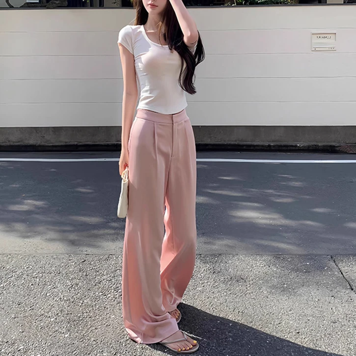 滑滑裤  仿醋酸垂坠质感宽松显瘦阔腿裤直筒休闲缎面裤长裤拖地裤