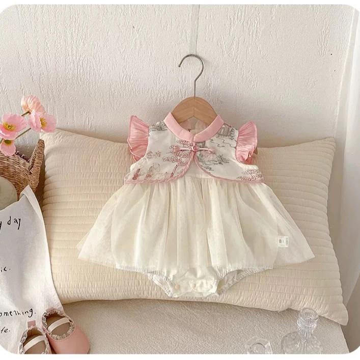 婴儿衣服夏季薄款新生儿连体衣中式国风女宝宝周岁礼服包屁裙夏装