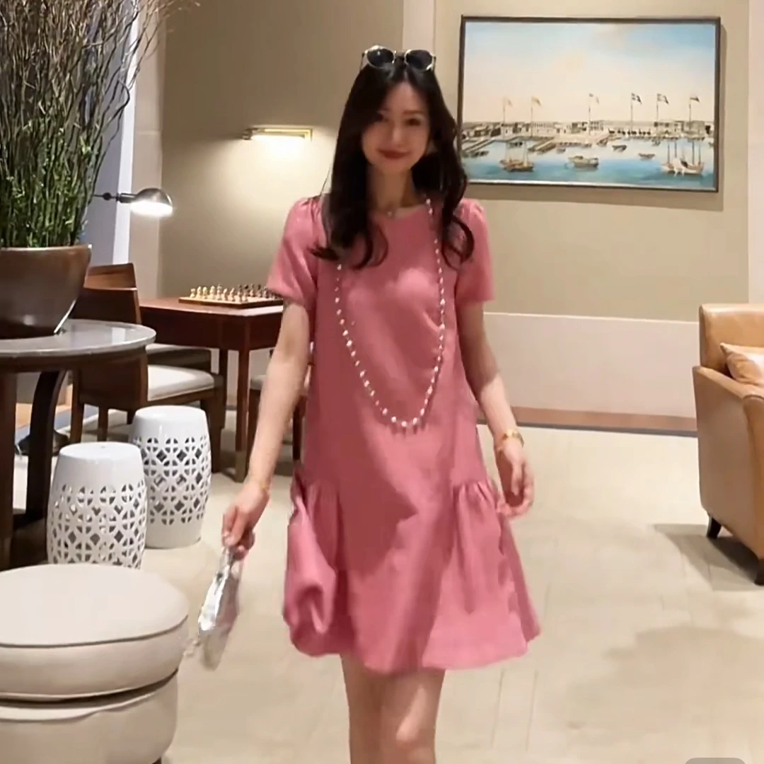 【清货+运费险】2025粉色圆领重工肌理感棉显瘦遮肉连衣裙短袖SG611