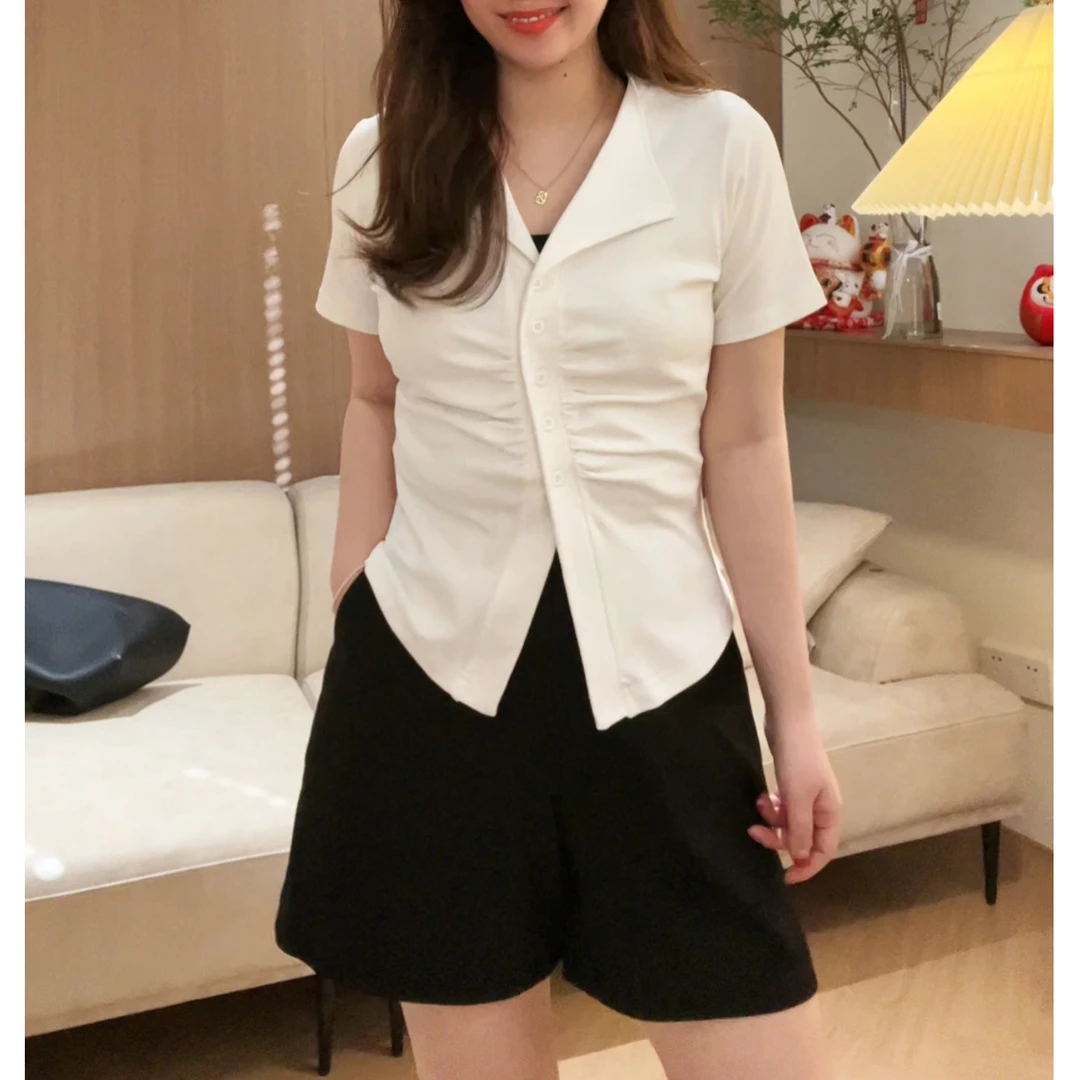 微胖女生收腰显瘦翻领压褶T恤职场正肩设计感小众宽松短袖D1210