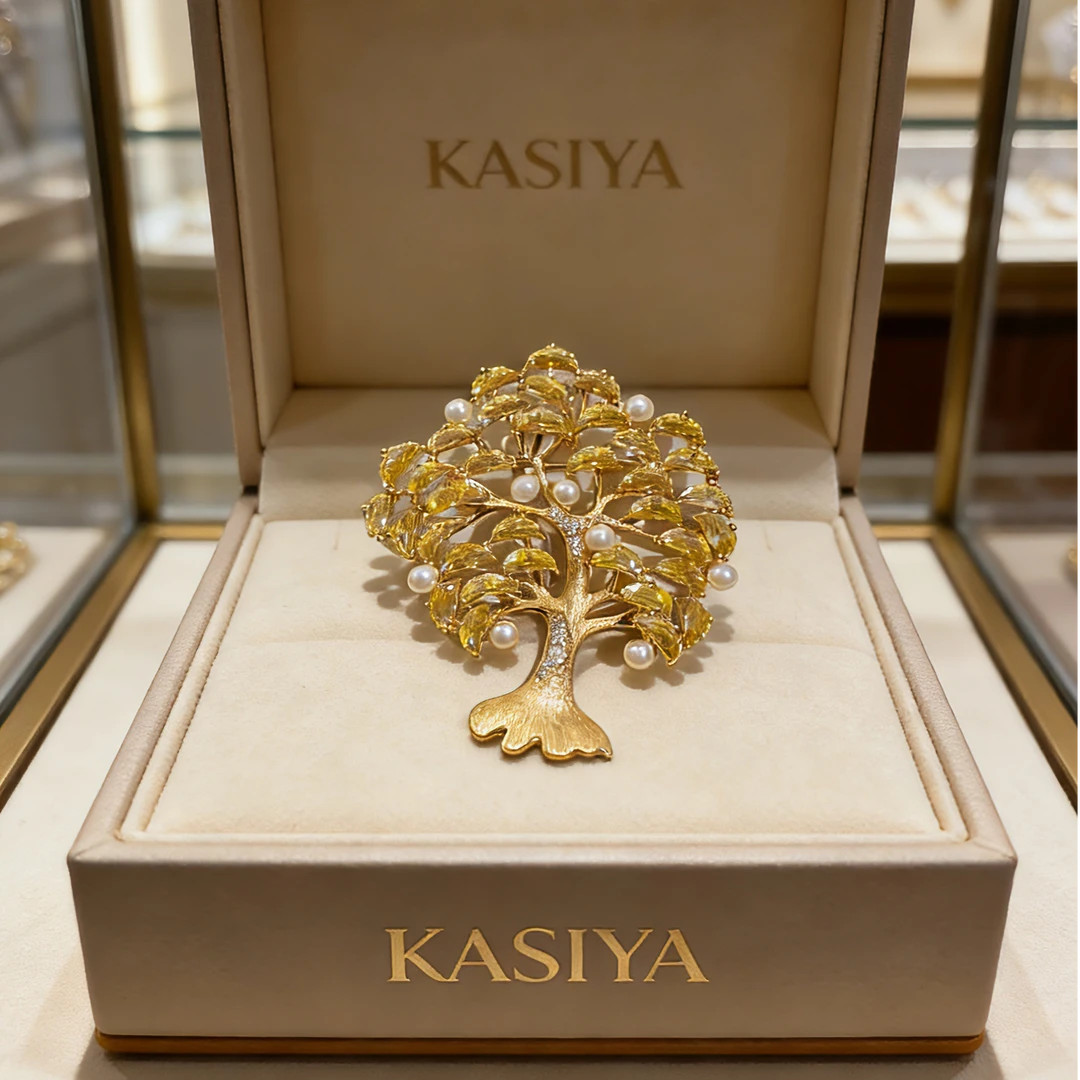 kasiya/卡思雅 铜合金仿水晶胸针 精致时尚金色树胸针百搭款