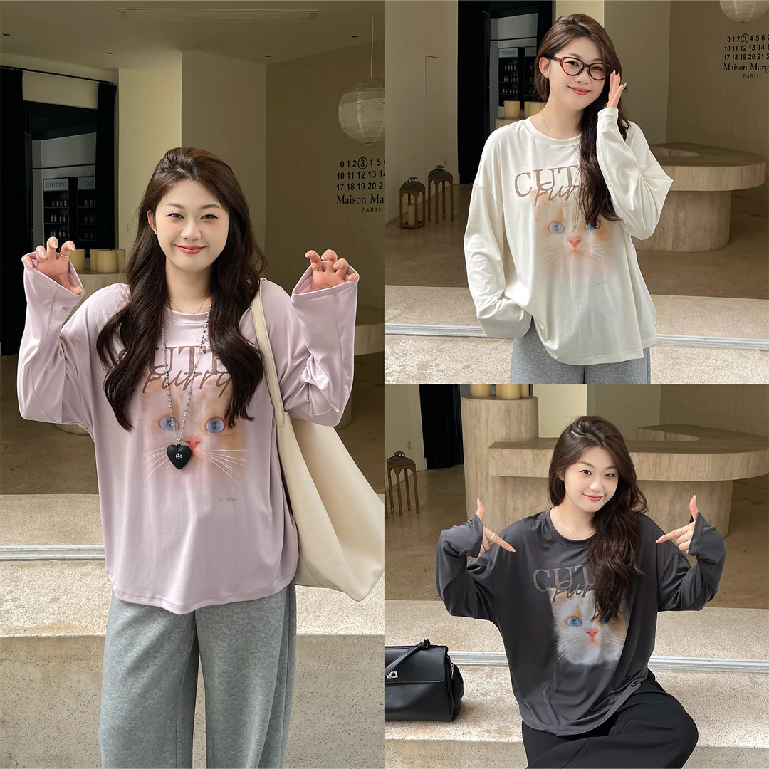 裂渡宣宣【魔法喵】微胖大码女秋趣味百搭小猫印花长袖T恤ZY507R01