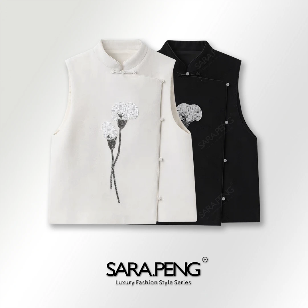 S.PENG花容月貌/新中式100澳洲羊毛双面呢手工亮片花盘扣马夹外套