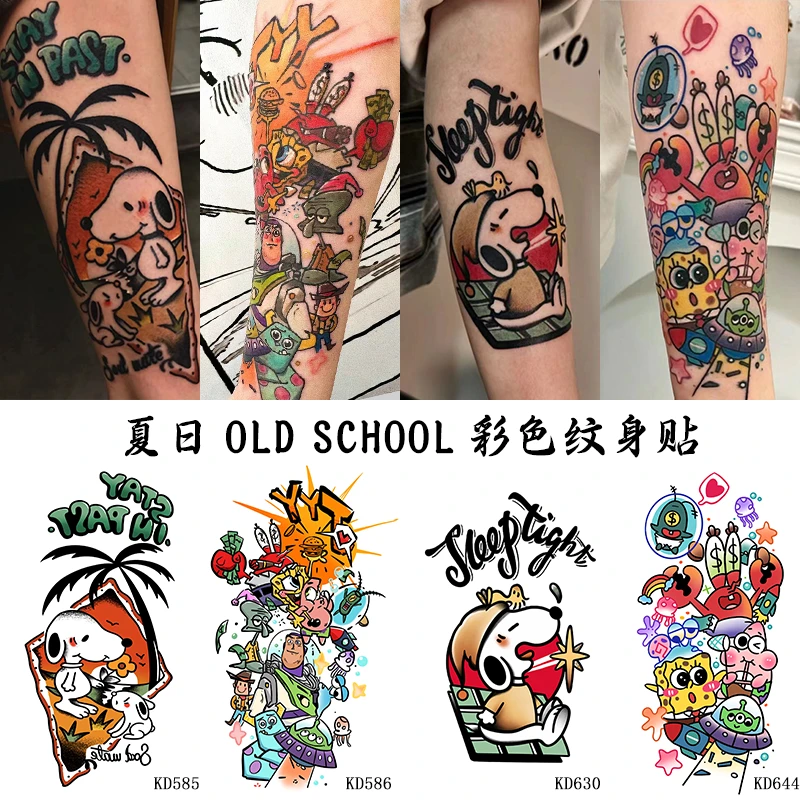 夏日卡通动漫old school花臂彩色纹身贴男女持久防水学生款贴纸