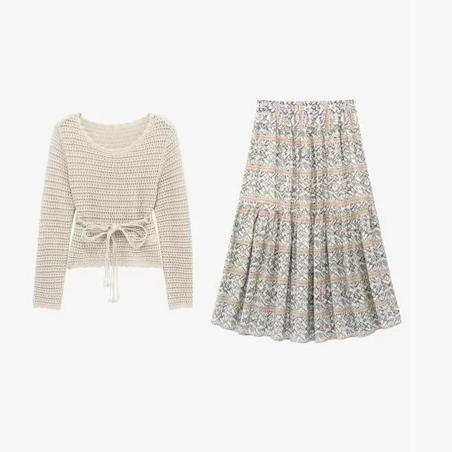 春夏针织时尚休闲印花设计师圆领套装