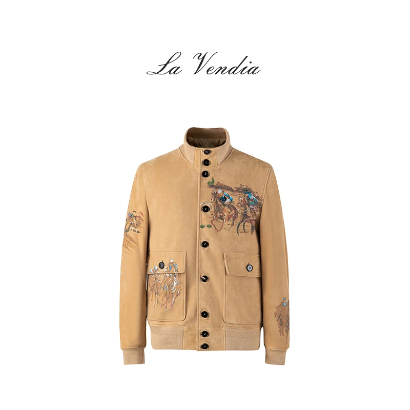 LF轻奢感手绘赛马图案百搭绒面皮外套