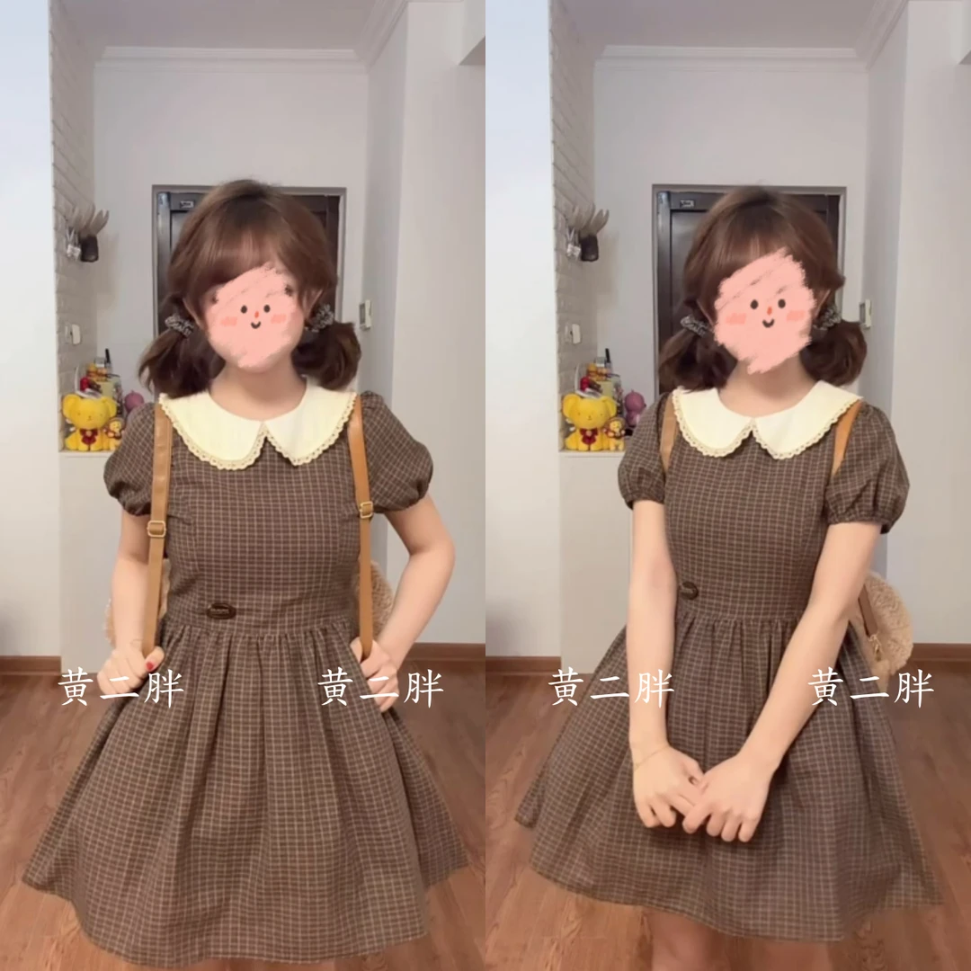 日系复古娃娃领格子连衣裙女小个子学院风减龄蓬蓬裙2025夏季新款