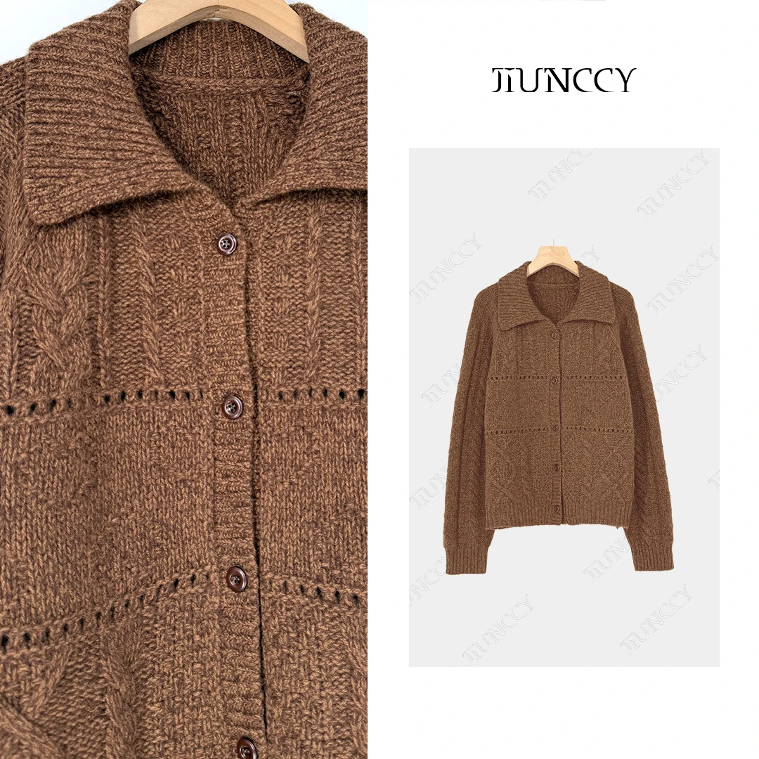 JIUNCCY【松间】100绵羊毛立体绞花编织挑孔翻领开衫毛衣 52YZZ148