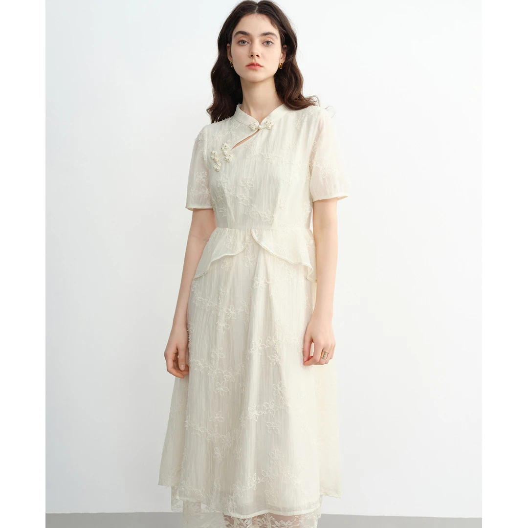 独束大码女装法式浪漫新中式连衣裙国风拼接收腰裙子25DS82320