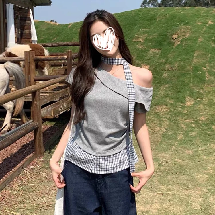 2025早夏新款韩版设计感小众格纹拼接一字肩挂脖飘带短袖T恤女ins