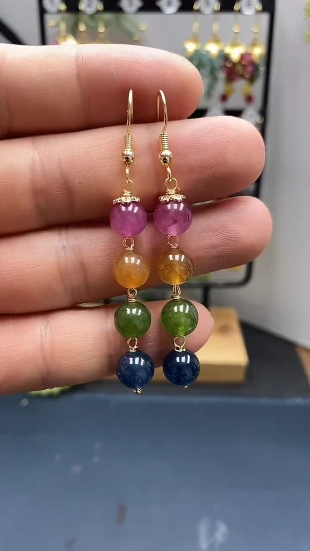 碧玺耳饰银S925镀金镶嵌尺寸8mm连珠03