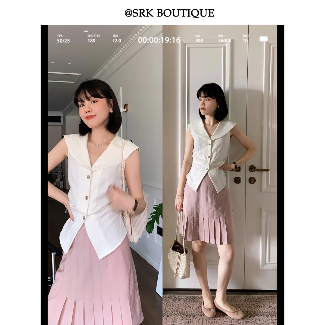 SRK 法式减龄百褶半身裙高腰遮跨显高显瘦时尚气质a字短裙女