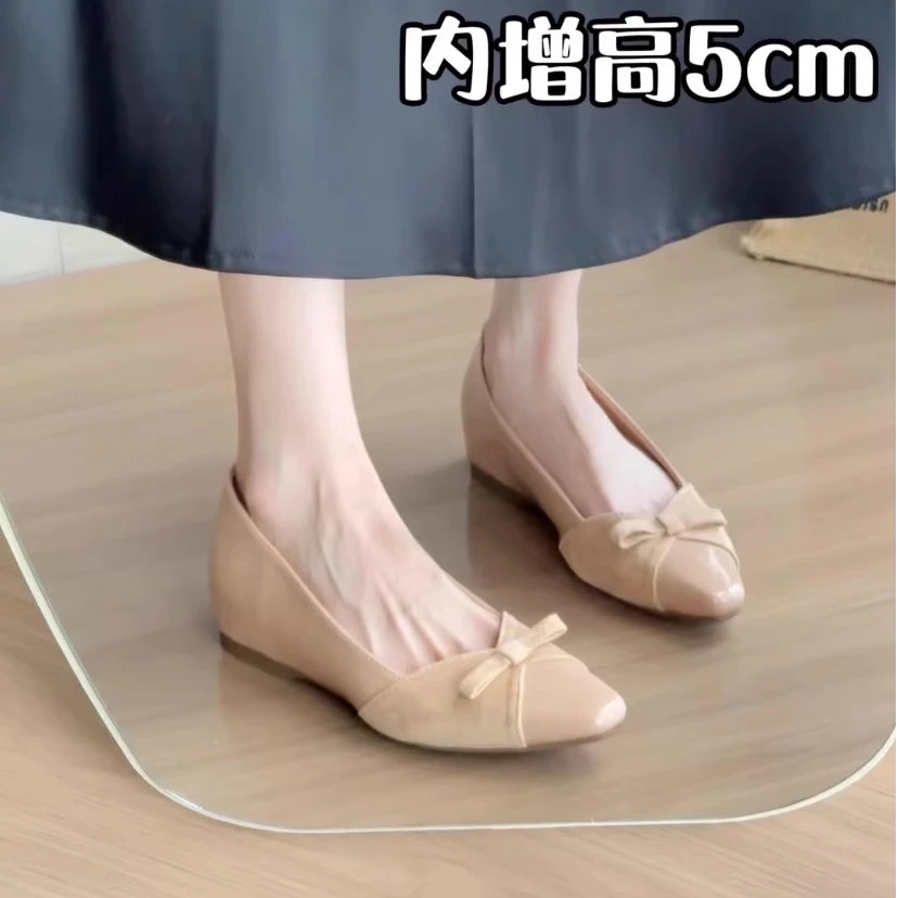 内增高5cm气质蝴蝶结漆皮单鞋女裸色一脚蹬通勤鞋软底玛丽珍女鞋