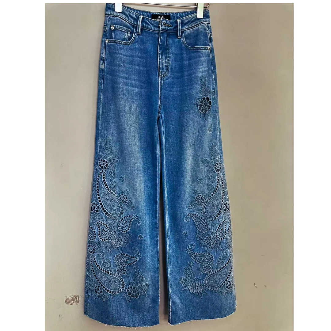 【安哥】春秋季新款刺绣型直筒阔腿修身宽松中高腰女装