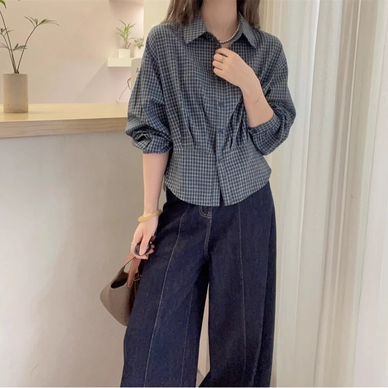 大码胖mm韩系格子长袖衬衫女装秋季2025新款高级收腰遮肚小衫上衣
