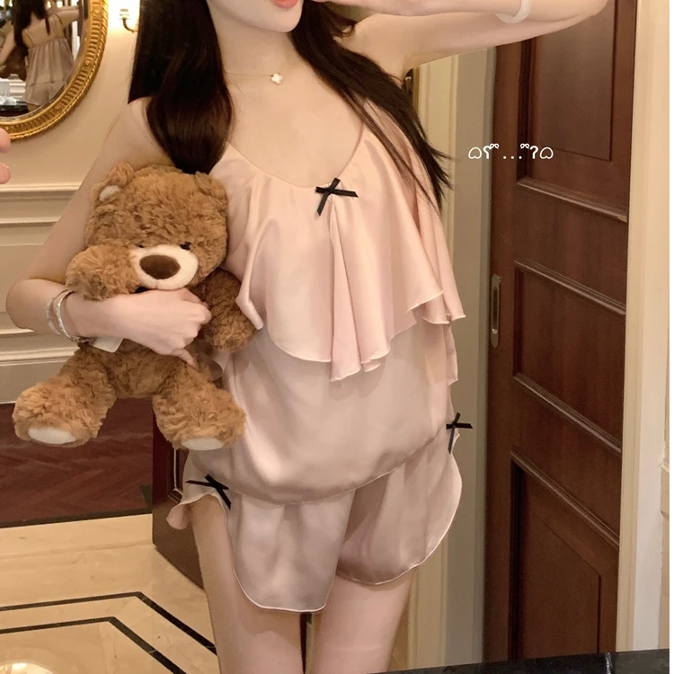 密汀巴灵法式复古蕾丝吊带睡裙女夏季性感带胸垫睡衣晨袍两件套