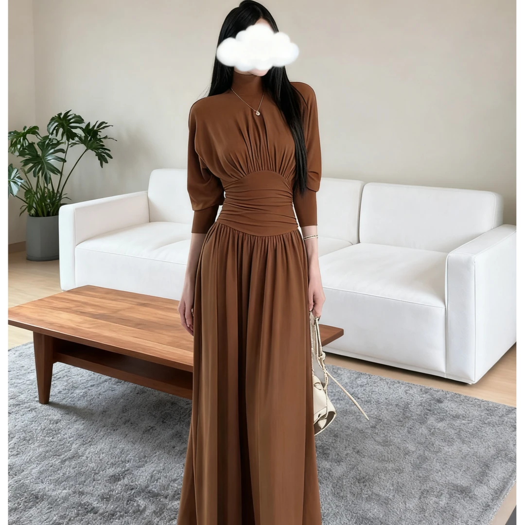 秋季轻熟风蝙蝠袖高领高腰修身捏褶连衣裙新款时尚 A摆裙连衣裙