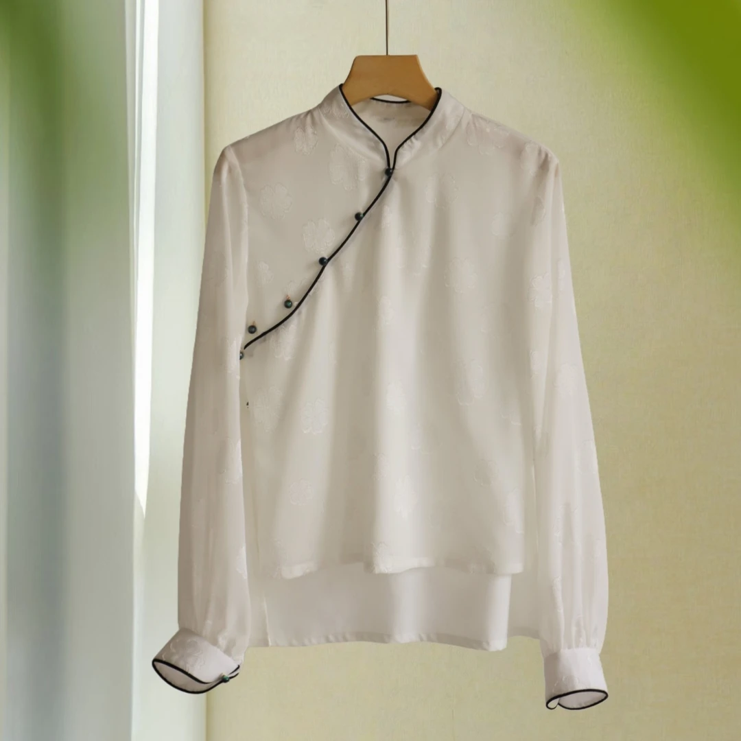 国绫新中式国风夏季提花长袖斜襟前短后长透气白色气质百搭衬衫