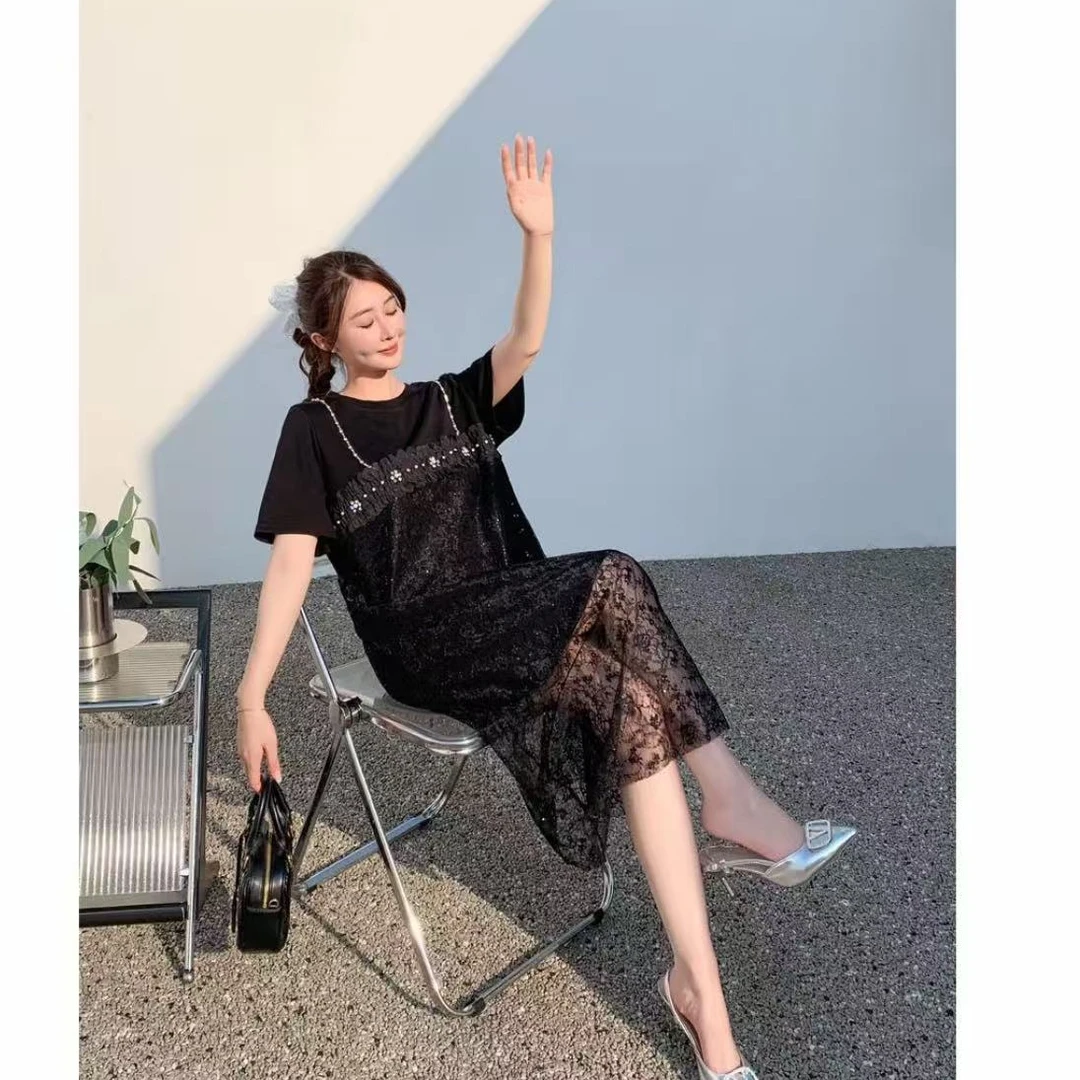 套头设计师长款连衣裙圆领气质中长裙夏季碎花提花