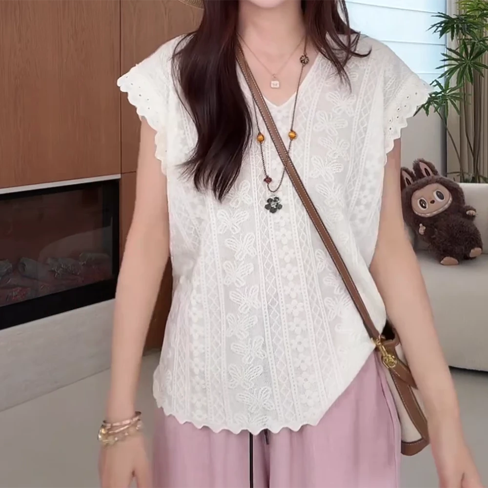 欧洲站V领蝴蝶蕾丝飞飞袖显瘦针织吊带背心C5205