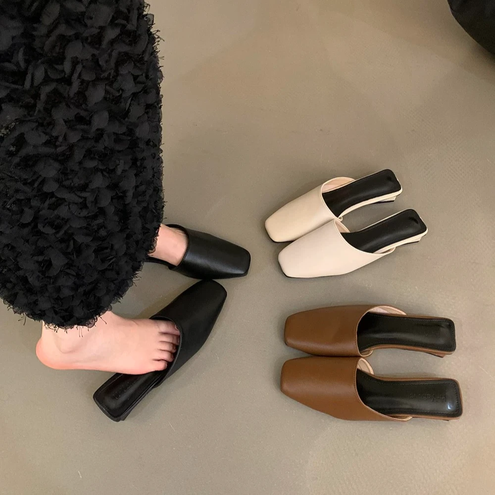 原创985-1低跟韩版包头半拖鞋女鞋2025新款一脚蹬懒人法式小凉拖