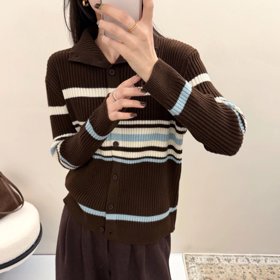 时尚拼色条纹翻领纽扣长袖宽松毛衣女开衫春秋冬针织上衣打底外穿