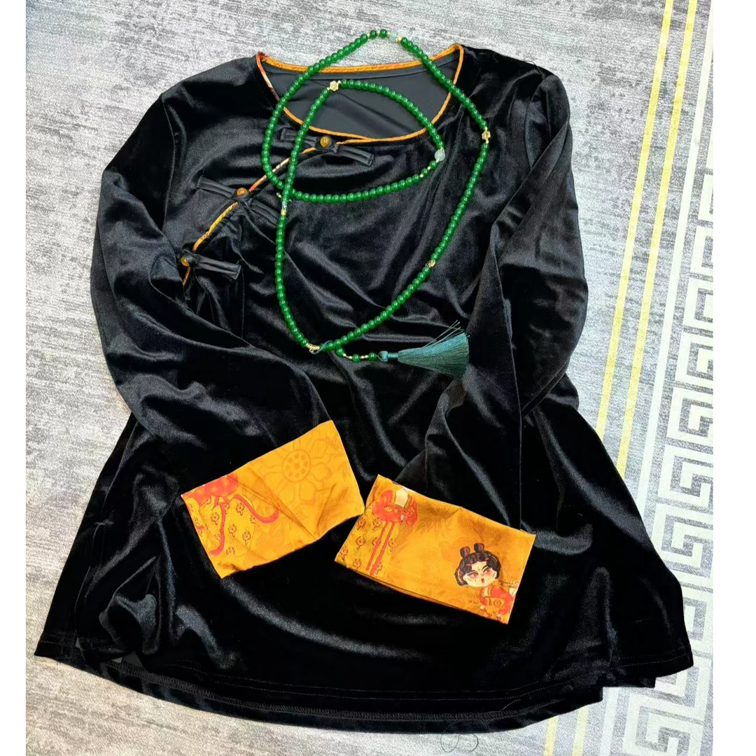 打底长袖网红时尚女士复古修身修身中式国风女士圆领