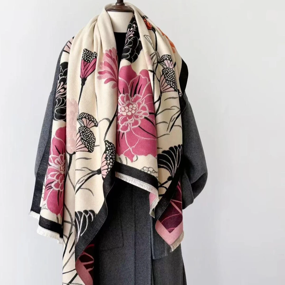 【荷花货号40】韩版围脖 百搭双面羊绒印花保暖秋冬围巾披肩