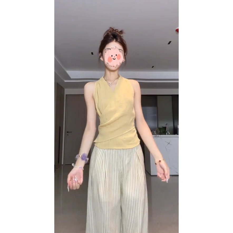 法式V领交叉无袖上衣女夏季薄款收腰设计感挂脖上衣条纹裤子套装