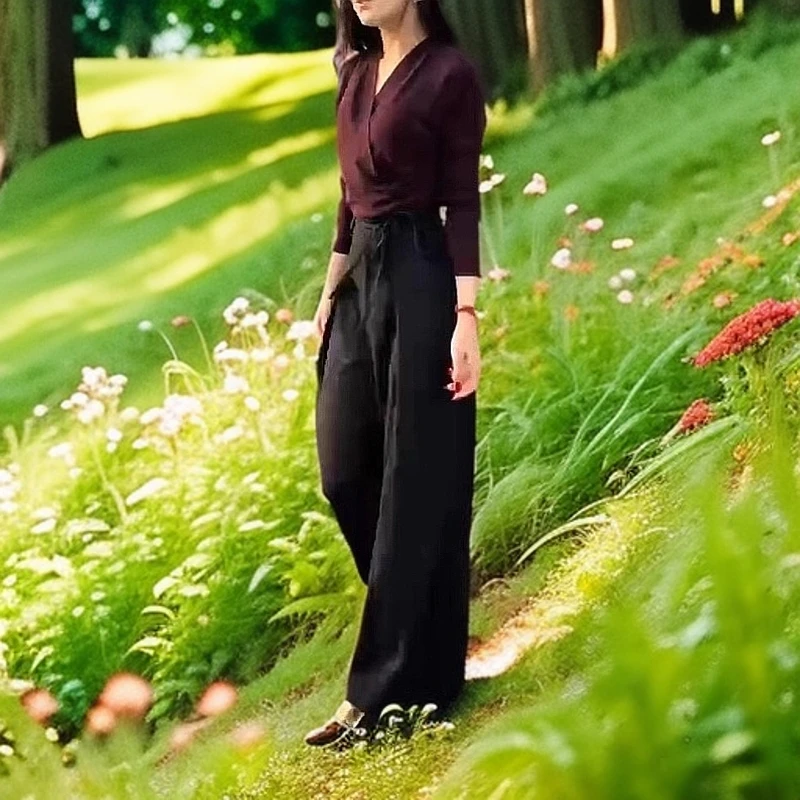 2025春秋季新款高级感V领交叉长袖T恤高腰阔腿裤女显瘦气质时尚