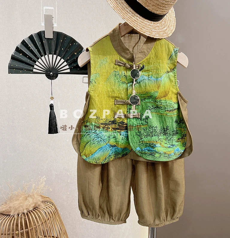 现货啵小爸【千山图】2025夏季男童新中式山水画设计国风背心套装