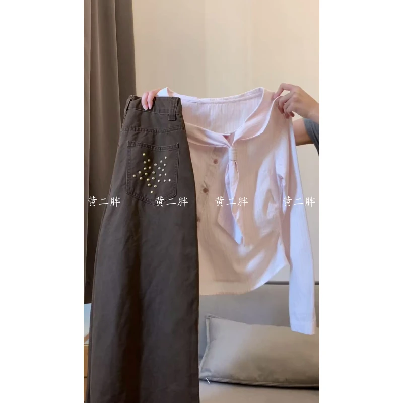 粉色系带领长袖衬衫女秋季韩系甜美别致衬衣设计感气质上衣+长裤